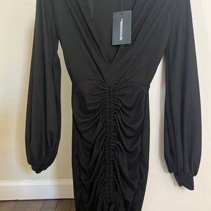 Black balloon sleeve ruched dress
